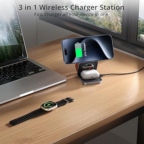 Miniatura 6 de LULULOOK Cargador inalámbrico 3 en 1, estación de carga plegable de 15 W, cargador rápido Mag-Safe para Apple 15 14 13 12, 5 W para Apple Watch,
