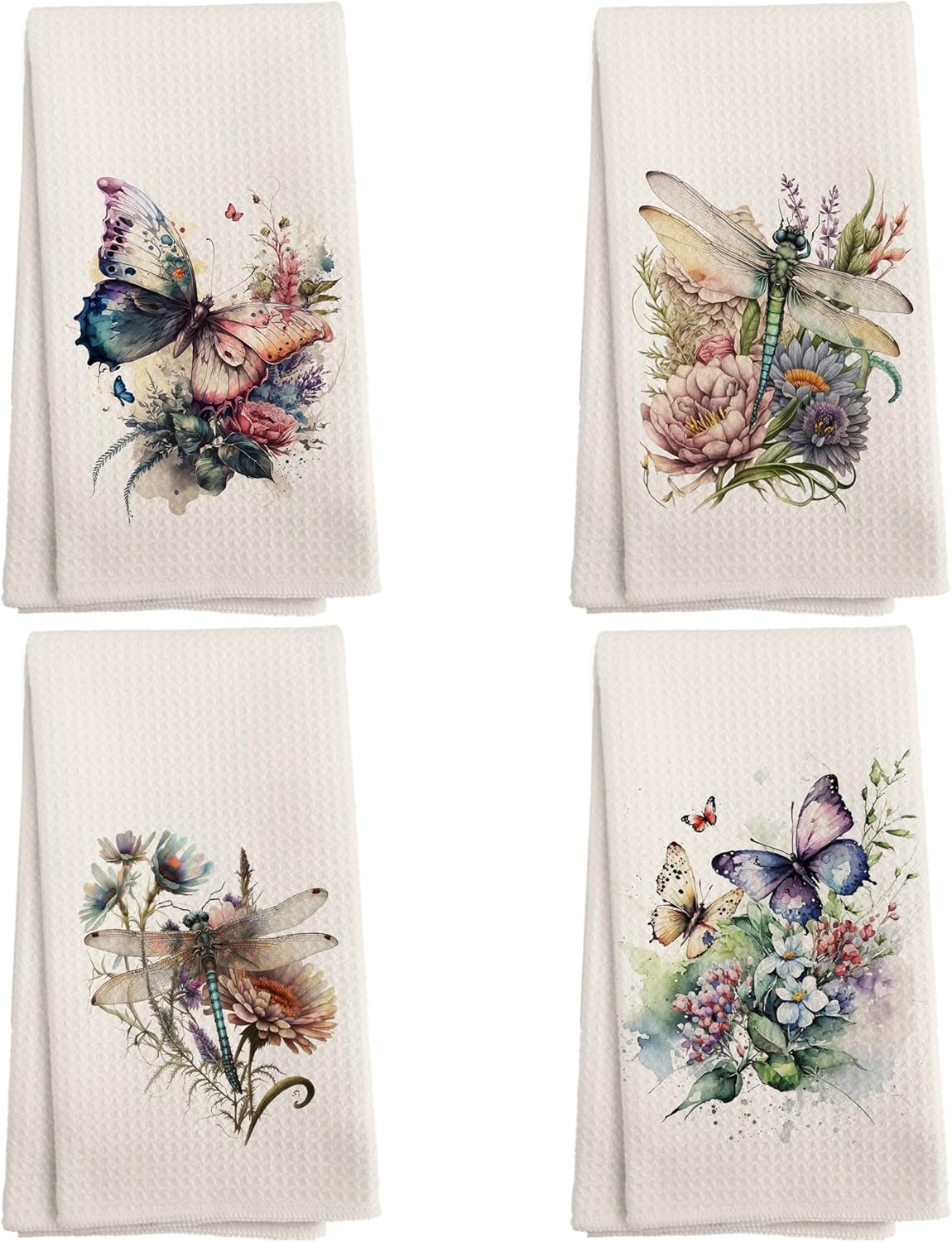 NOQL Butterfly Dragonfly Floral Kitchen Towels and Dishcloths Set of 4, Floral Hand Towels, Retro Dragonfly Butterfly Neutral Drying Cloth Hand Dish Tea Towel for Bathroom Kitchen, 16x24 Inches
