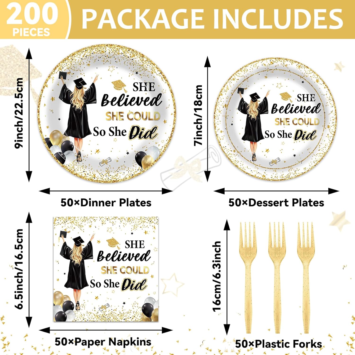 200pcs Graduation Party Supplies Decoration 2026 Graduation Plates Napkins Gold She Believed She Could So She Did Tableware Congratulations Graduate Paper Plate for Girl College High School Serves 50