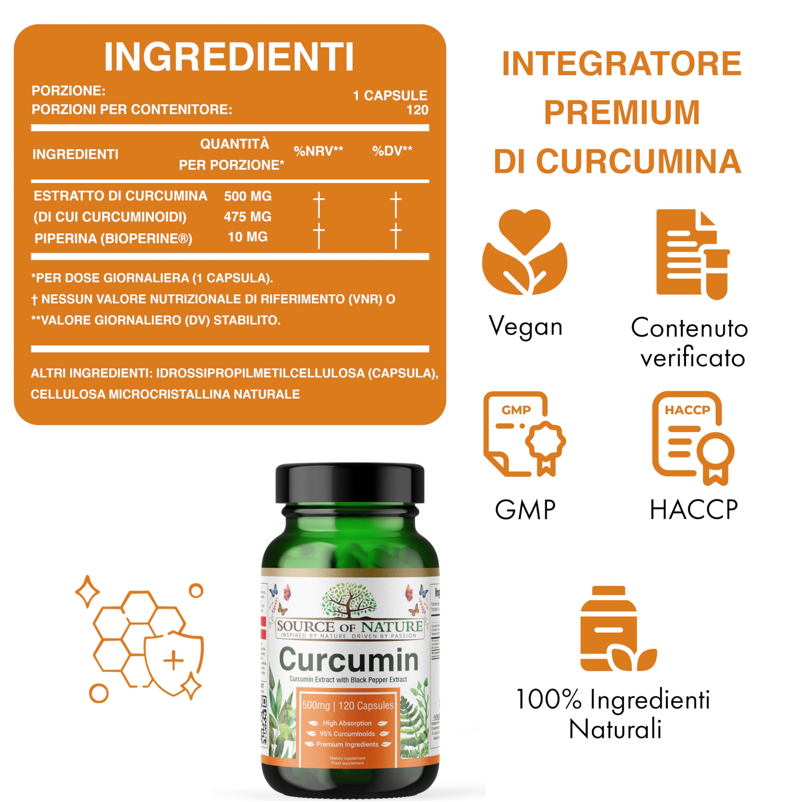 Source of Nature® | Estratto di Curcuma 500mg | 120 Capsule | +95% Curcuminoidi Puri | Prodotto nell'UE | Con BioPerine® (Estratto di Pepe Nero) per Assorbimento | Da Curcuma | Alta dose