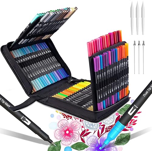 YKKZART Rotuladores de doble pincel para libros de colorear para adultos, 120 marcadores de arte de colores, marcador de punta fina para suministros