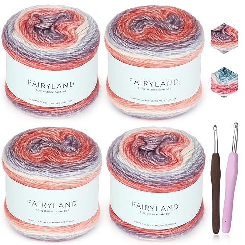 Katech Ombré Yarn for Crocheting-Gradient Cake Yarn-4x100g 60% Cotton 30% Acrylic 11% Wool-Multicolor Soft Rainbow Cotton Crochet Yarn for Scarves, Shawls, Blankets and Garments(L) - L