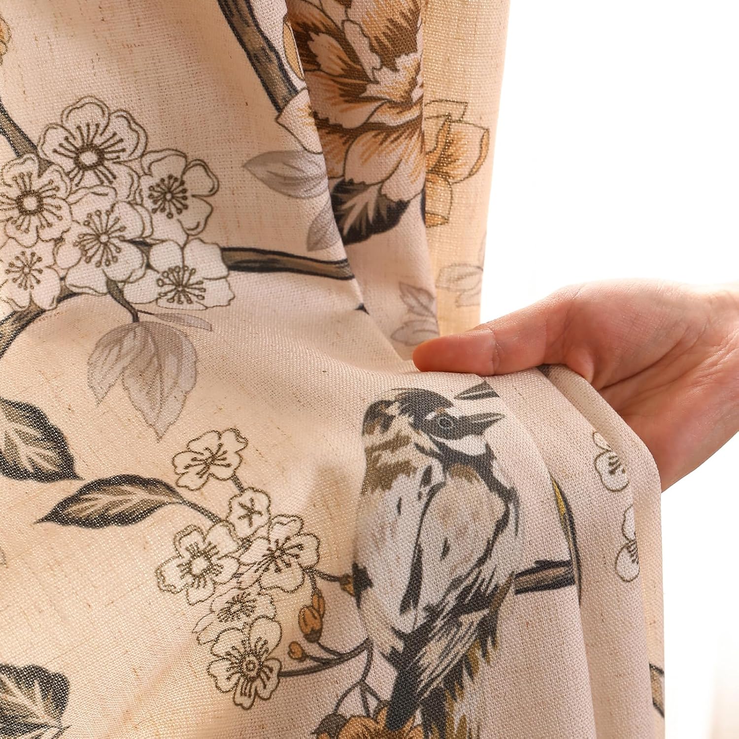ISAENNE Vintage Beige Semi Blackout Curtains with Grommets,Floral and Bird Pattern Linen Home Decor Curtain for Kitchen Living Room Bedroom Window,2 Panels 53 Inches Wide by 79 Inches Long -Murad