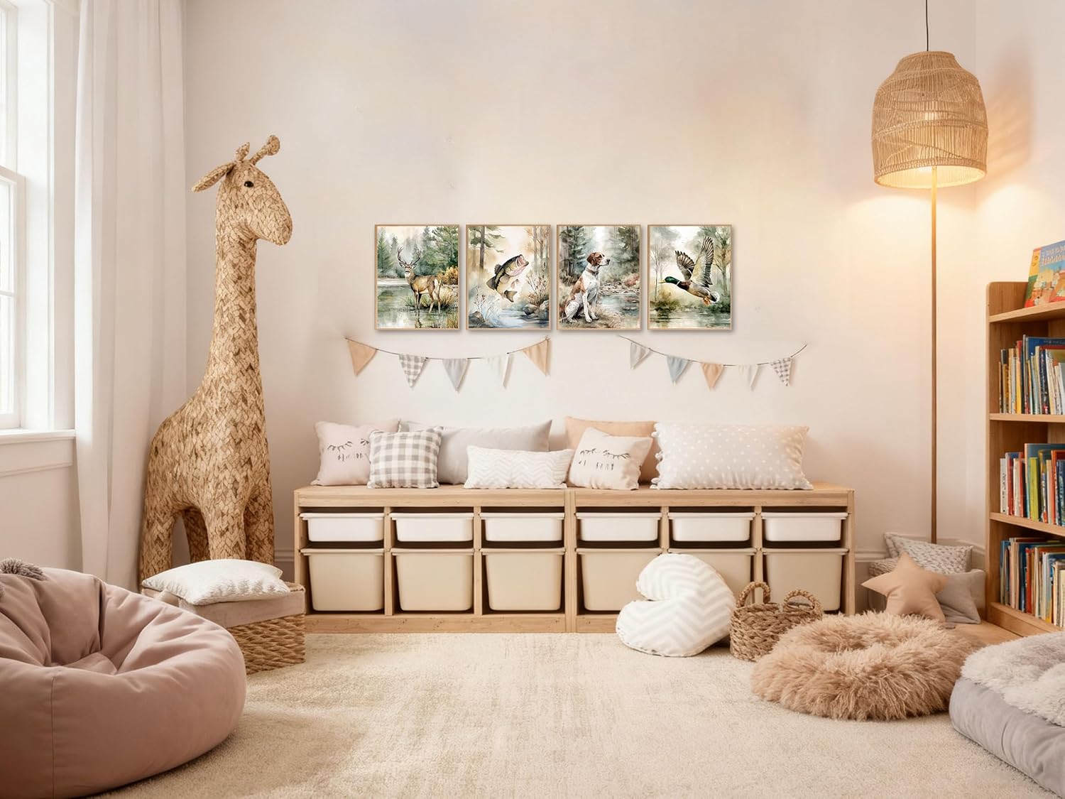 Frimeeme 4 Piece Watercolor Dog Fish Deer Duck Prints 8x10 | Vintage Animal Wall Art for Baby Boy Room, Nursery, Unframed,Durable