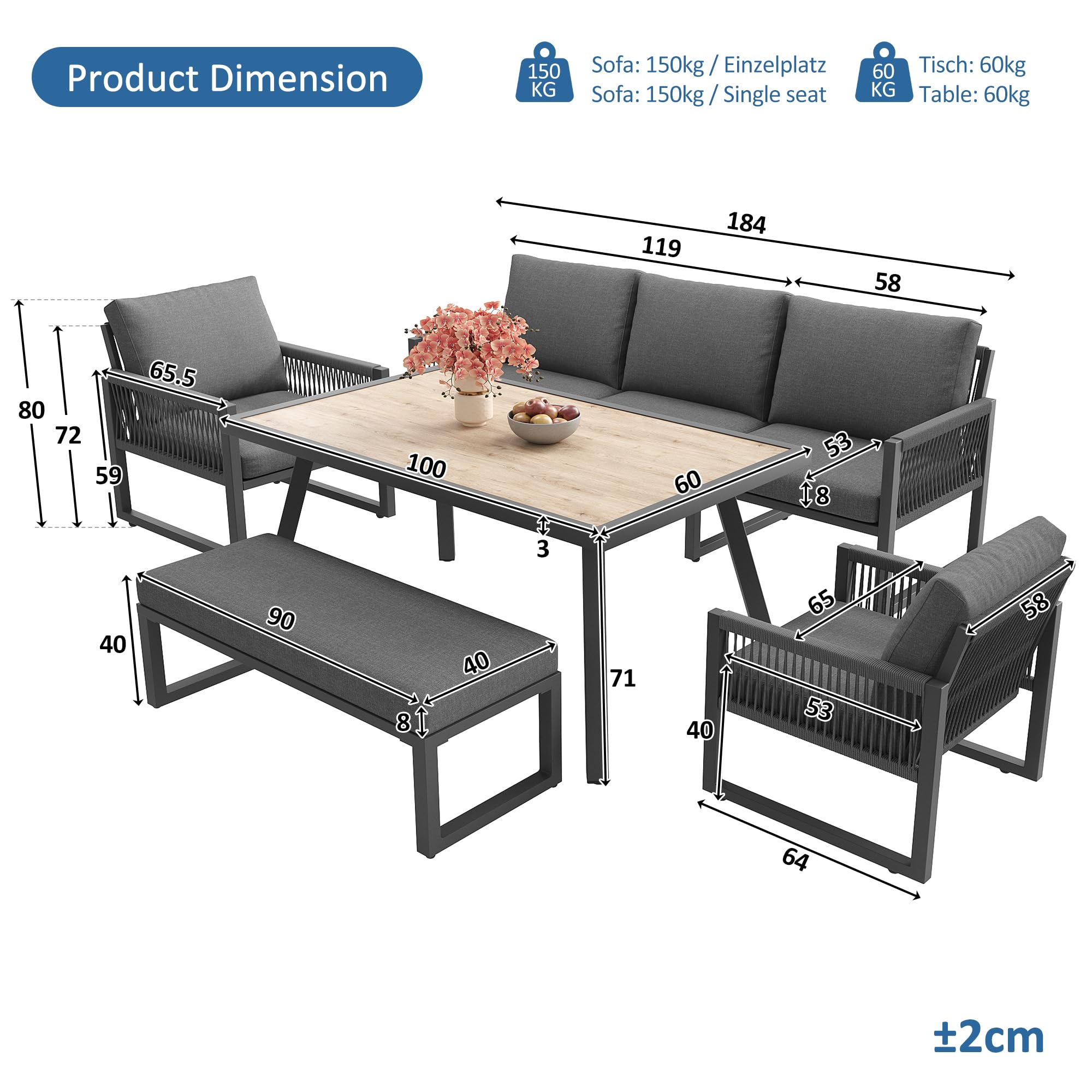 Idemon Gartenmöbel Set Outdoor Sofa 6-7 Sitzer, Gartenlounge-Set für Balkon Terrasse, Gartensofa mit großem Esstisch, Hochwertigen Sitzkissen & Rückenkissen, Wetterfestes Terrassen Sofa Set