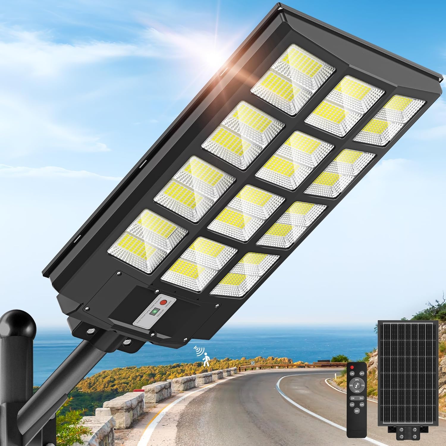 Photo voltaic Lights Outside Waterproof, 8000W Photo voltaic Road Gentle with Movement Sensor, 7000K Nightfall to Daybreak Safety Flood Lights IP66, Industrial Outside Lighting for Parking Lot, Yard, Driveway, Farm
