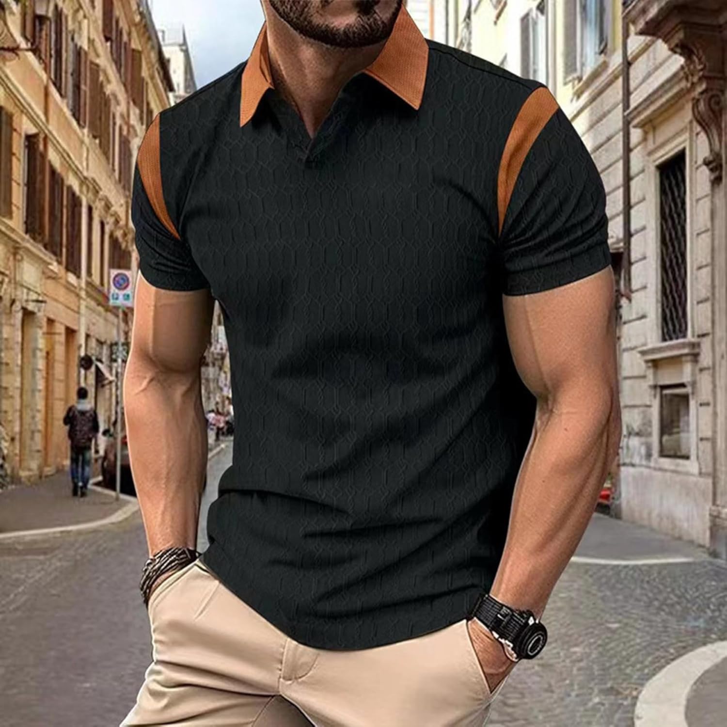 Men's Golf Polo Shirts Short Sleeve Color Block Textured Slim Fit Lapel T-Shirts Summer Fashion Workout Athletic Tees
