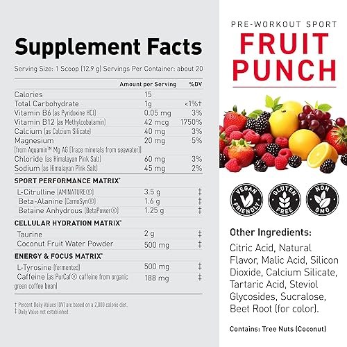 Vista 5 de Kaged Polvo deportivo para preentrenamiento para hombres y mujeres, ponche de frutas, certificado deportivo, 188 mg de cafeína, suplemento de óxido