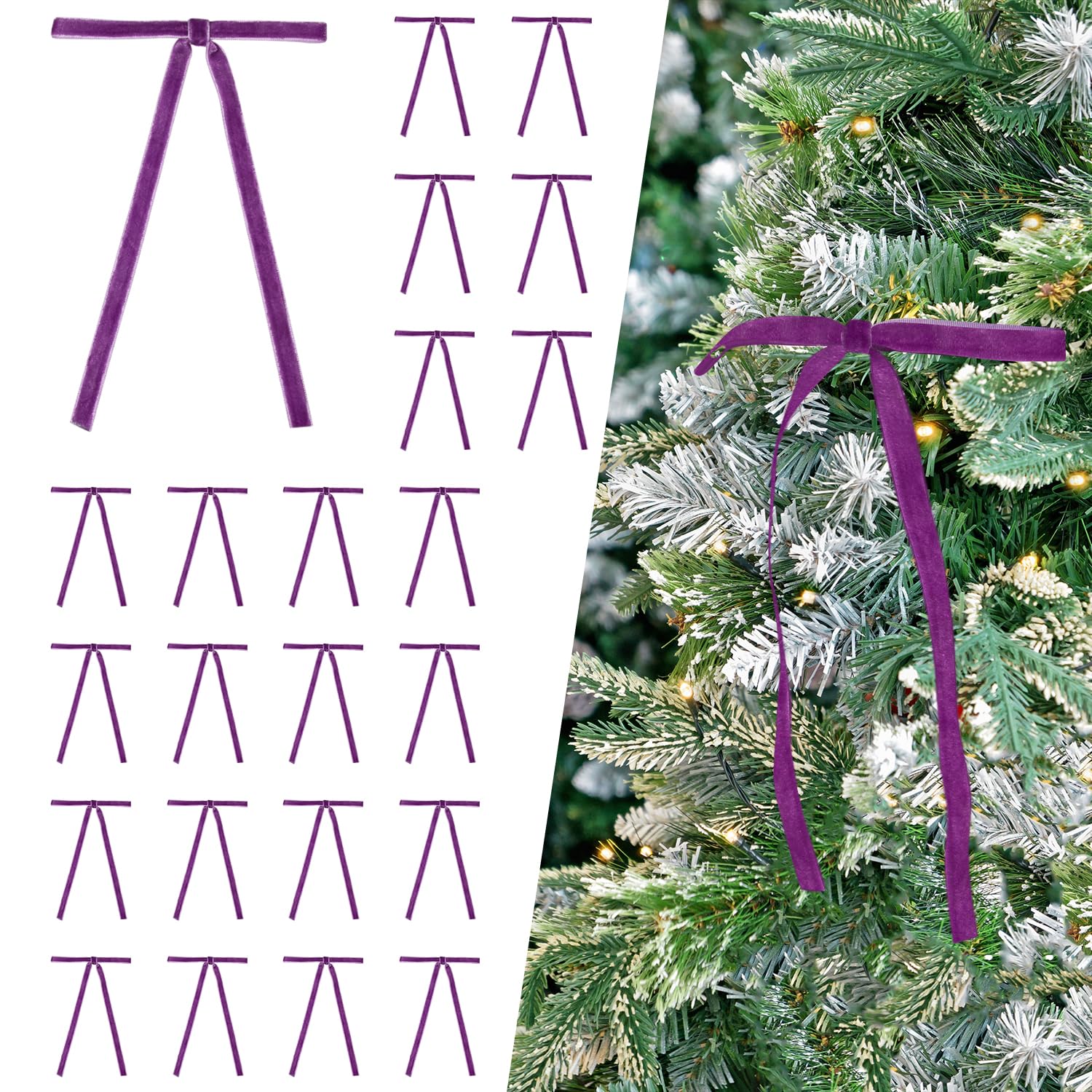 24 Pcs Purple Velvet Bows Ornaments for Christmas Tree, Vintage Rustic Elegant Velvet Christmas Bows Tree Decorations, Indoor Home Decor for Wreath Mantle Gift Wrap Holiday Decor, 3/8'' W, 5 * 7 inch