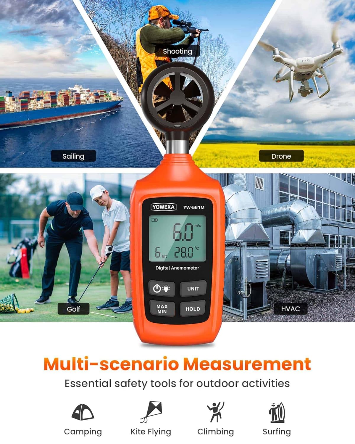 YOWEXA YW-561M użat f'diversi xenarji bħal tbaħħir, sparar, titjir bid-drones, golf, HVAC, camping, it-titjir tal-asturi, it-tixbit, u s-surfing