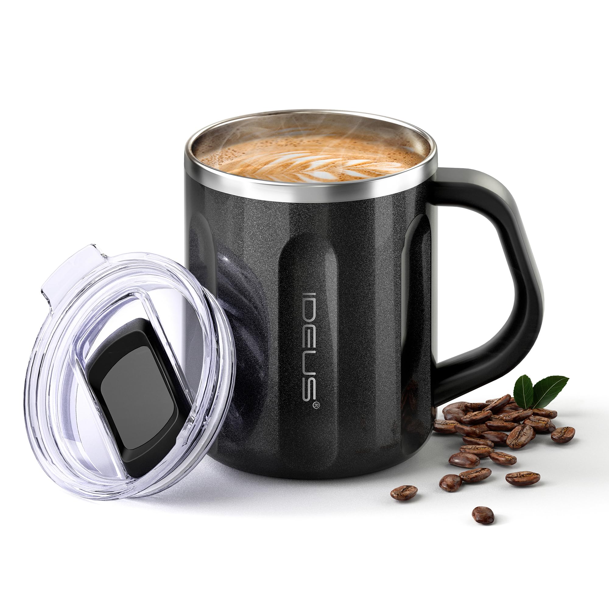 Ideus Taza de café de 16 onzas, taza de viaje de café de acero inoxidable, taza de té a prueba de derrames con asa y tapa, ligera y duradera, ideal para oficina, hogar y uso al aire libre, color negro