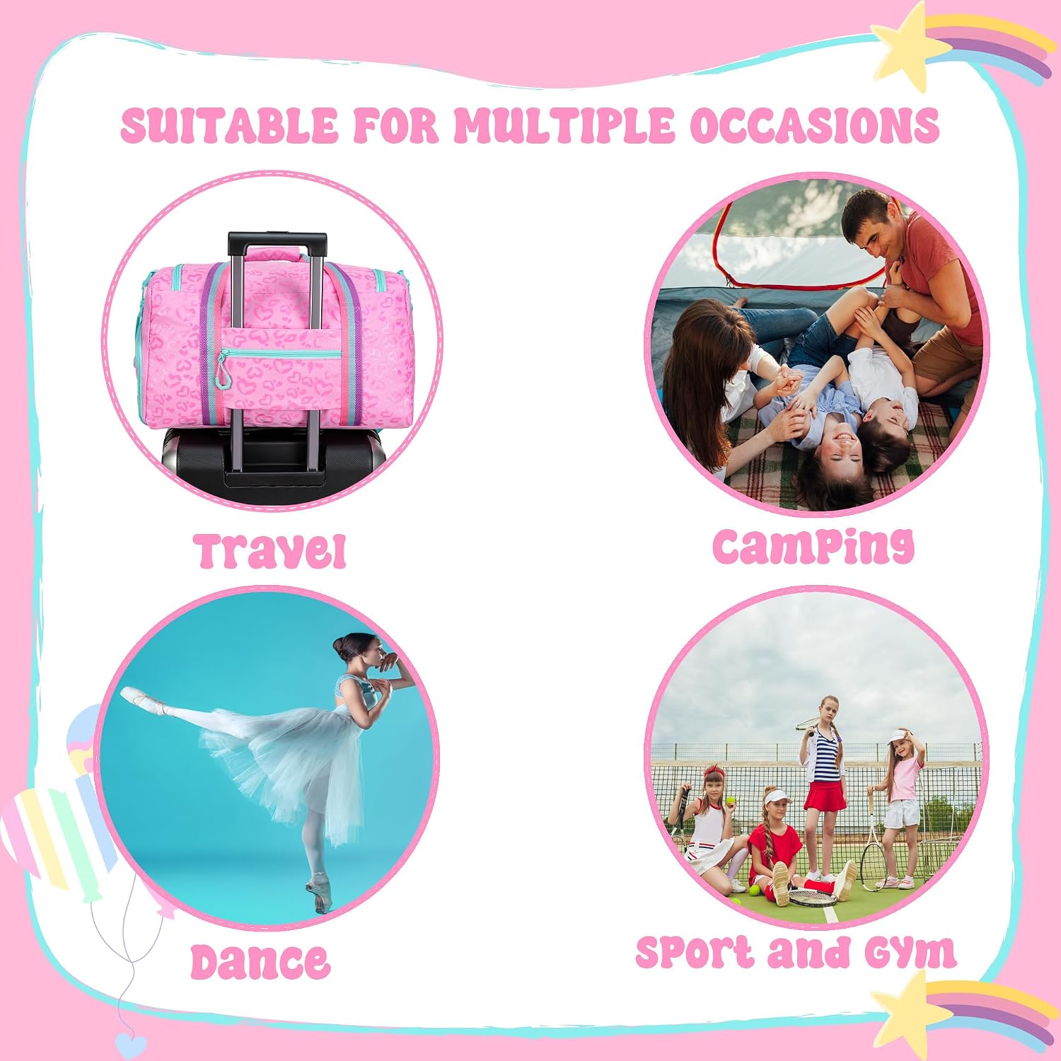 Girls Duffel Bag With Wheels - Travel Overnight Bag for Kids With Toiletry Bag, Rolling Dance Duffle With Shoe Compartment