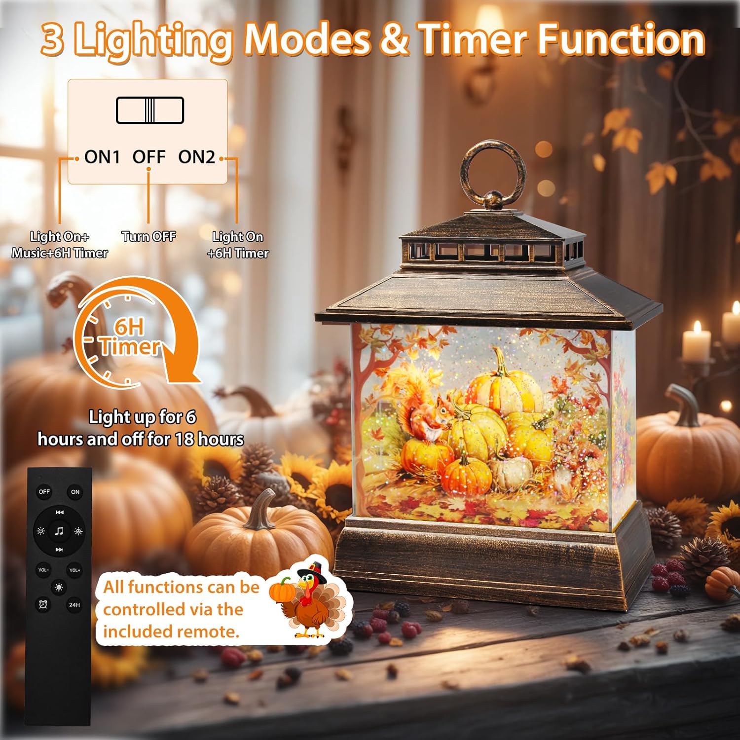 Fall Snow Globe Lantern Thanksgiving Pumpkins and Squirrels Water Lantern with Swirling Glitter 6H Timer Remote Control Fall Decorations for Home Thanksgiving Autumn Harvest (Pumpkin and Squirrel) - Image 2