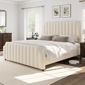 coucheta King Bed Frame with 50.2" Headboard,Upholstered Platform Bed Frame with Vertical Channel Tufted Velvet Fabric,Extra Large Tufted Headboard,Nailhead Trim,No Box Spring Needed,Cream