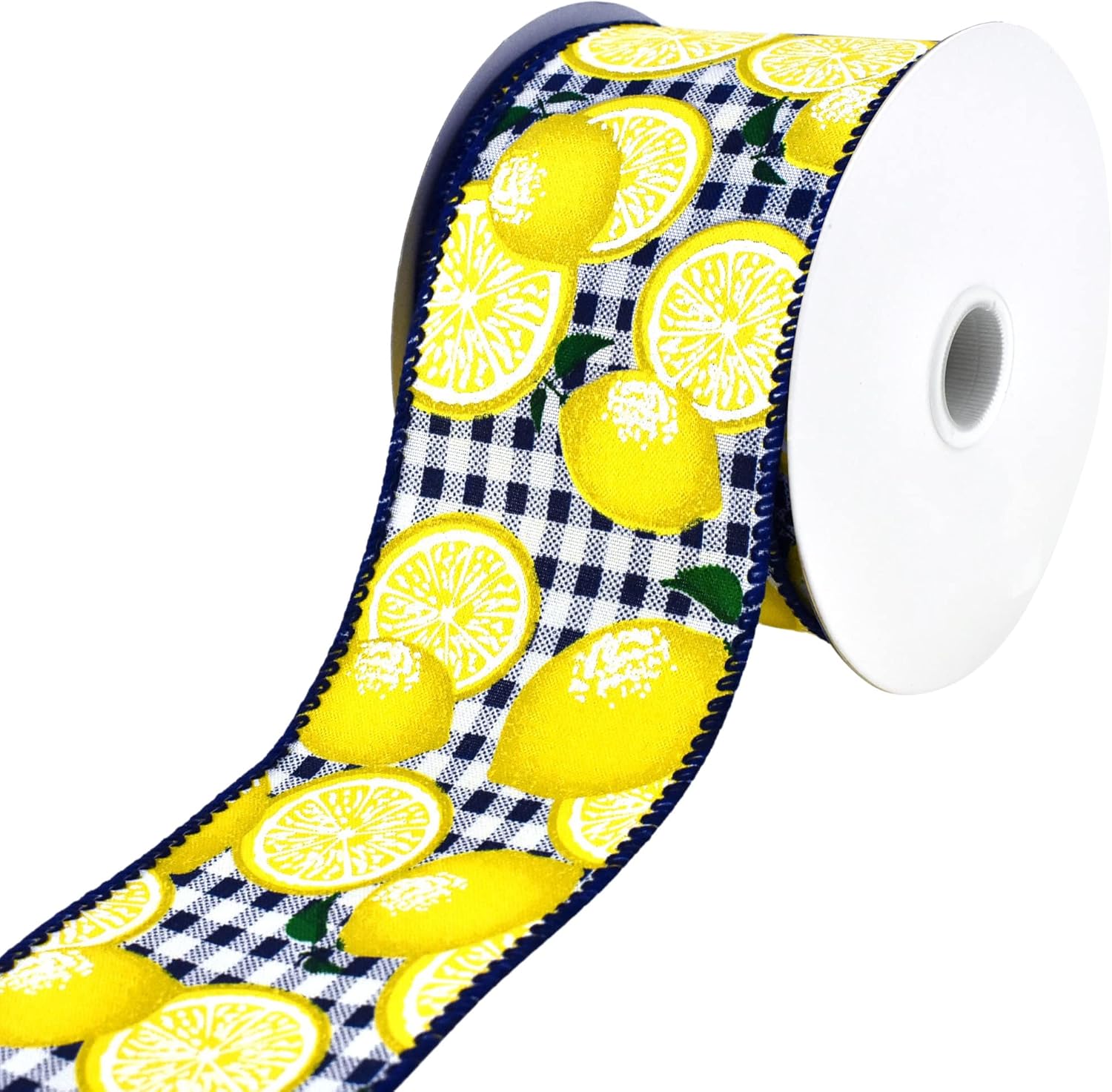 Homeford Gingham Printed Lemons Wired Ribbon, 2-1/2-inch, 10-Yard, Navy