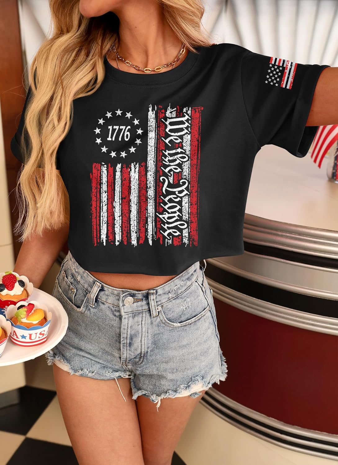 Women's 4th of July Casual Crewneck T-Shirts Memorial We The Peple Graphic Crop Tops 1776 Patriotic Black XL - Image 3