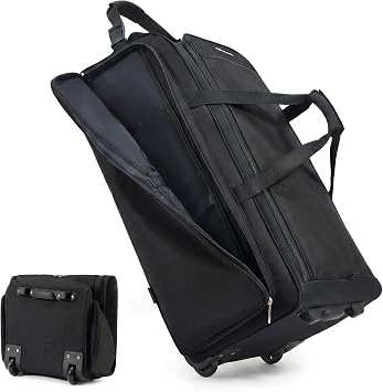 Fanwoli 120L Foldable Rolling Duffel Bag With Wheels, Clean Clothes Pocket | 900D Water-Resistant Oxford,Self-Standing Frame,10 Pockets,Wipe-Clean Pocket For Kids Clothes,Compact Storage