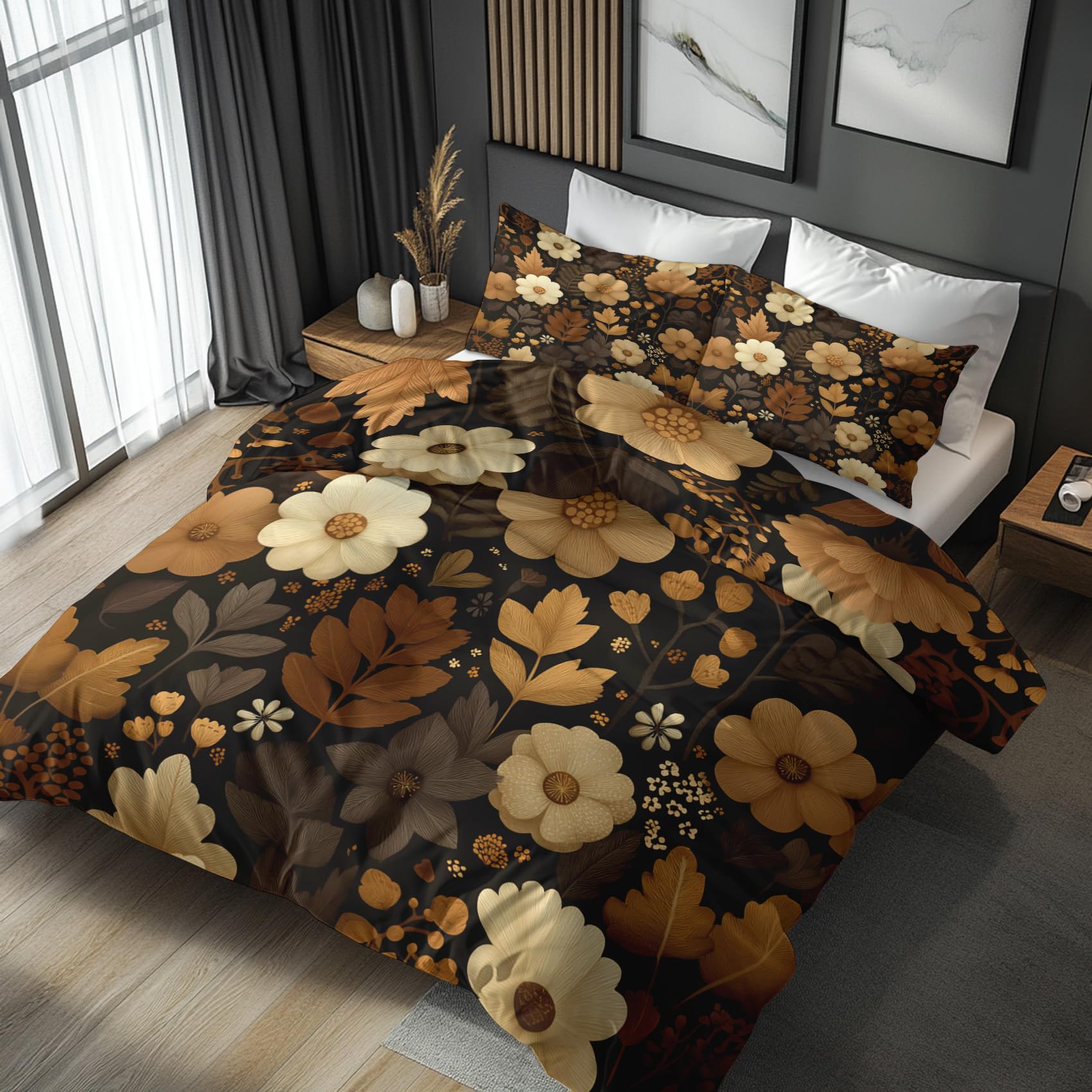 Double Duvet Cover Set, Brown Floral Duvet Cover & 2 Pillowcases, 3 Piece Vintage Botanical Flower Reversible Bedding for Bedroom Decor, Ultra Soft Microfiber, with Zip -b339
