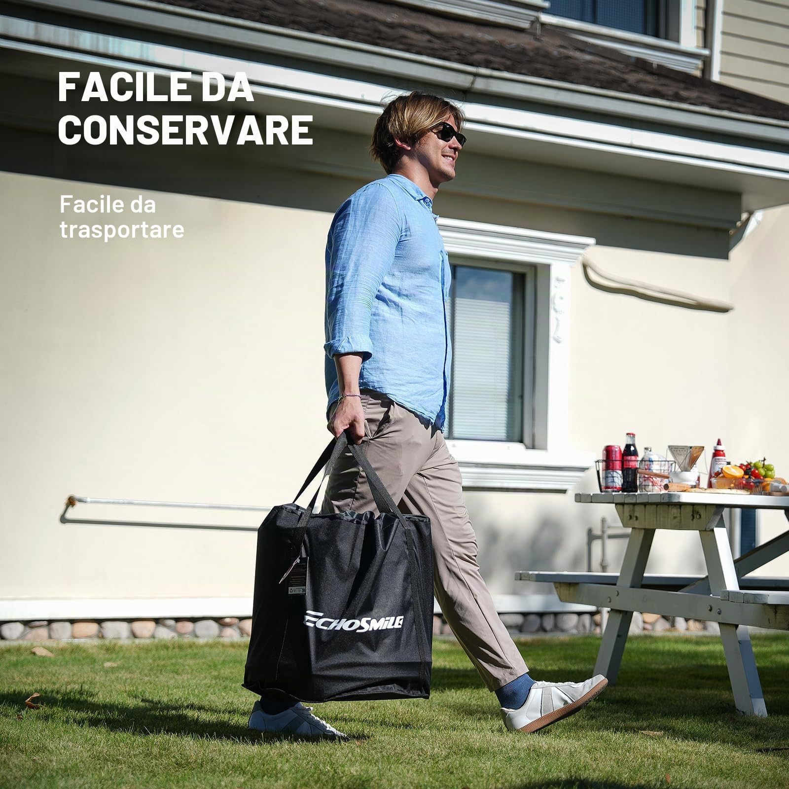 EchoSmile Braciere Senza Fumo da 46 cm con Tripla Combustione e Valvola Regolabile, Cassetto Cenere Rimovibile, Acciaio Inox, Focolare Portatile per Esterni, Giardino, Patio, Campeggio