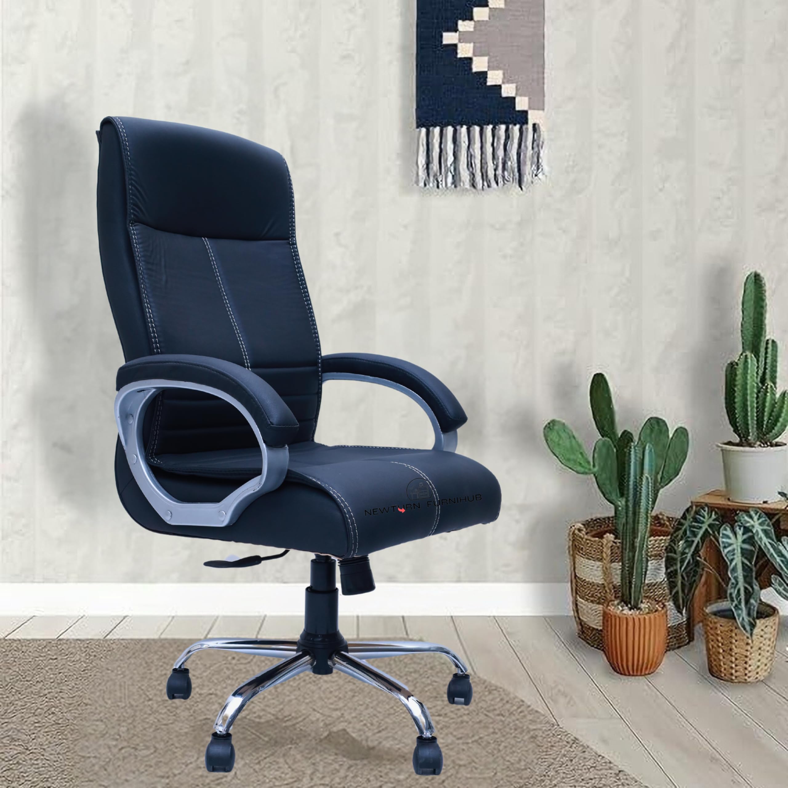 NEWTURN Maxon Pre-Assembled with Heavy Duty Metal Stand Medium Revolving Leatherette Office Chair, Adjustable Height Chair for Workstations Study Room Chair (HIGH Back Black)