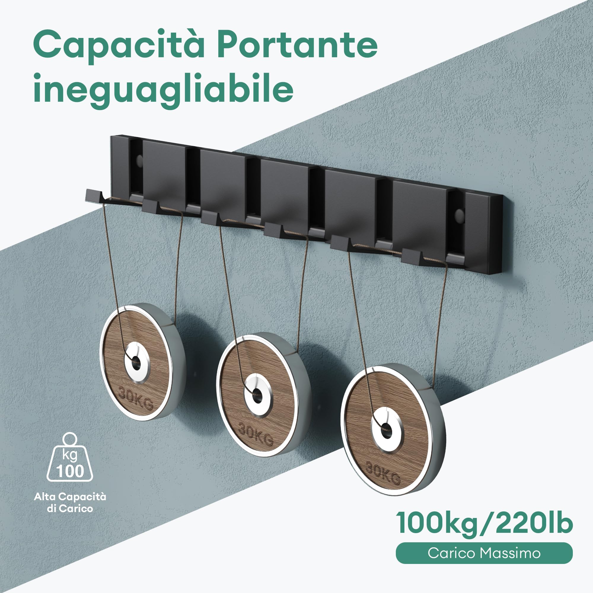 Mai & Mai Appendiabiti da Parete con 6 Ganci Ribaltabili, Attaccapanni da Muro in Alluminio Appendiabiti 44,5 cm per Cameretta, Ingresso, Cucina, Nero Wandgarderobe01