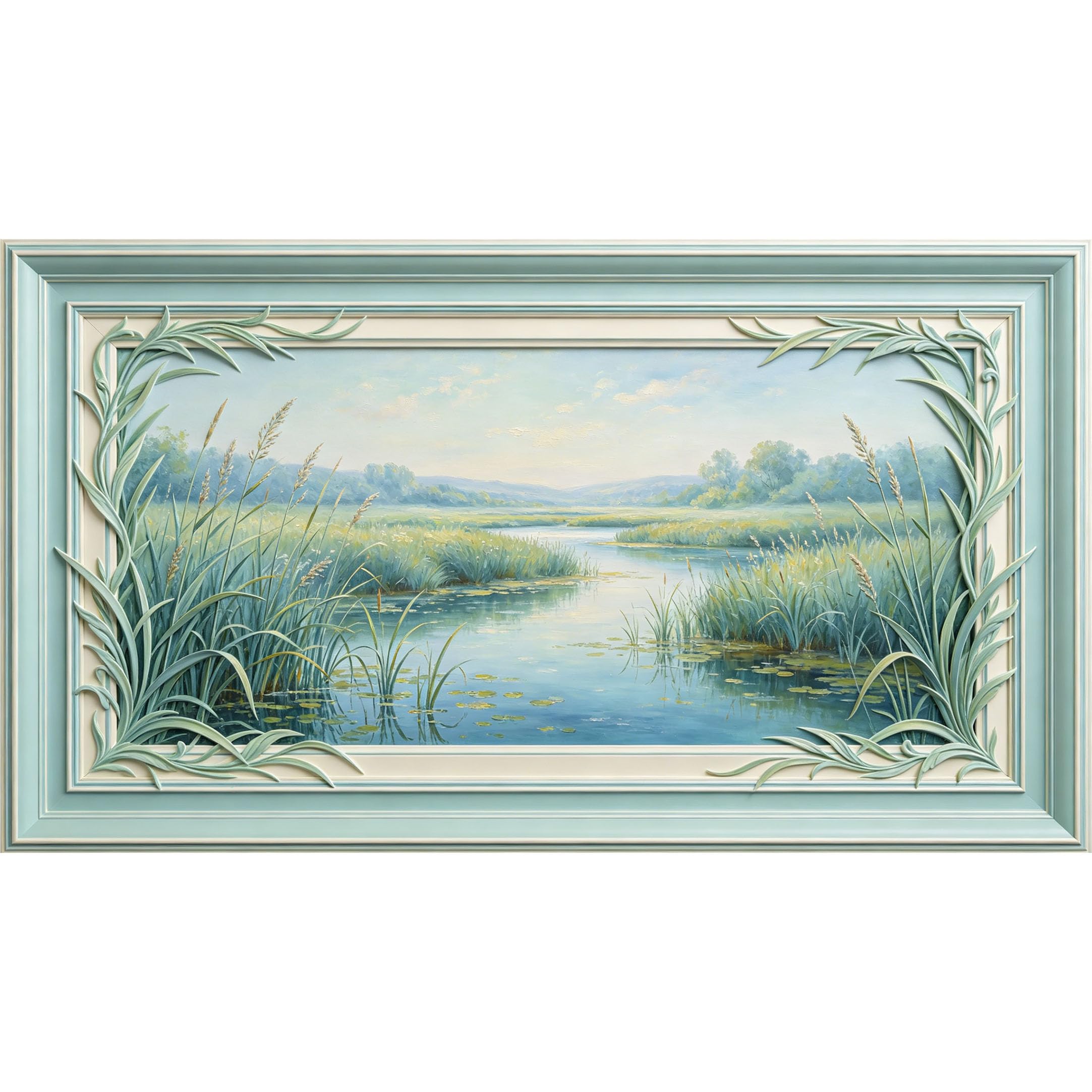 QZLITHOTIC 50x90cm3D Framed Wall Art， Serene Lake Landscape Botanical Self‑Adhesive Mural， Water‑Activated Peel & Stick Fabric Decor Wall Decal for Bedroom Living Room