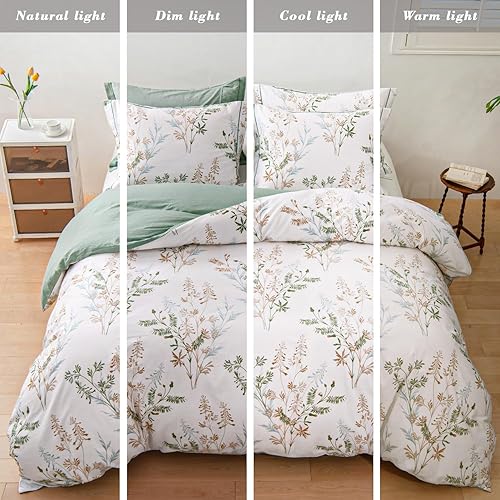 Miniatura 6 de Juego de edredón botánico de 3 piezas de 100% algodón natural, tamaño King, edredón verde con lujosas hojas tostadas y grises sobre blanco,