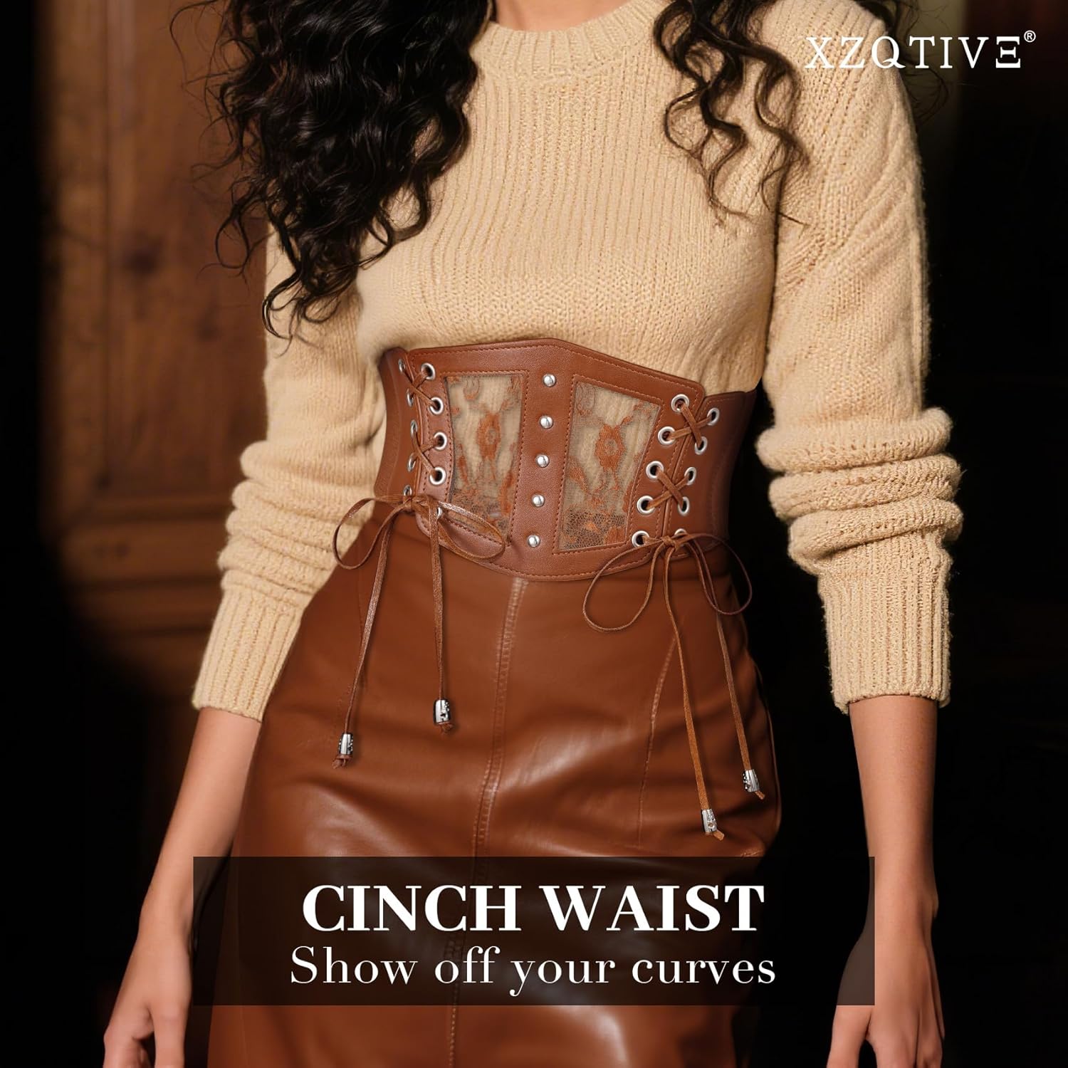 XZQTIVE Lace Corset Belts for Women Elastic Stretchy Tied Waspie Wide Cinch Waist Belt for Dress - Image 3