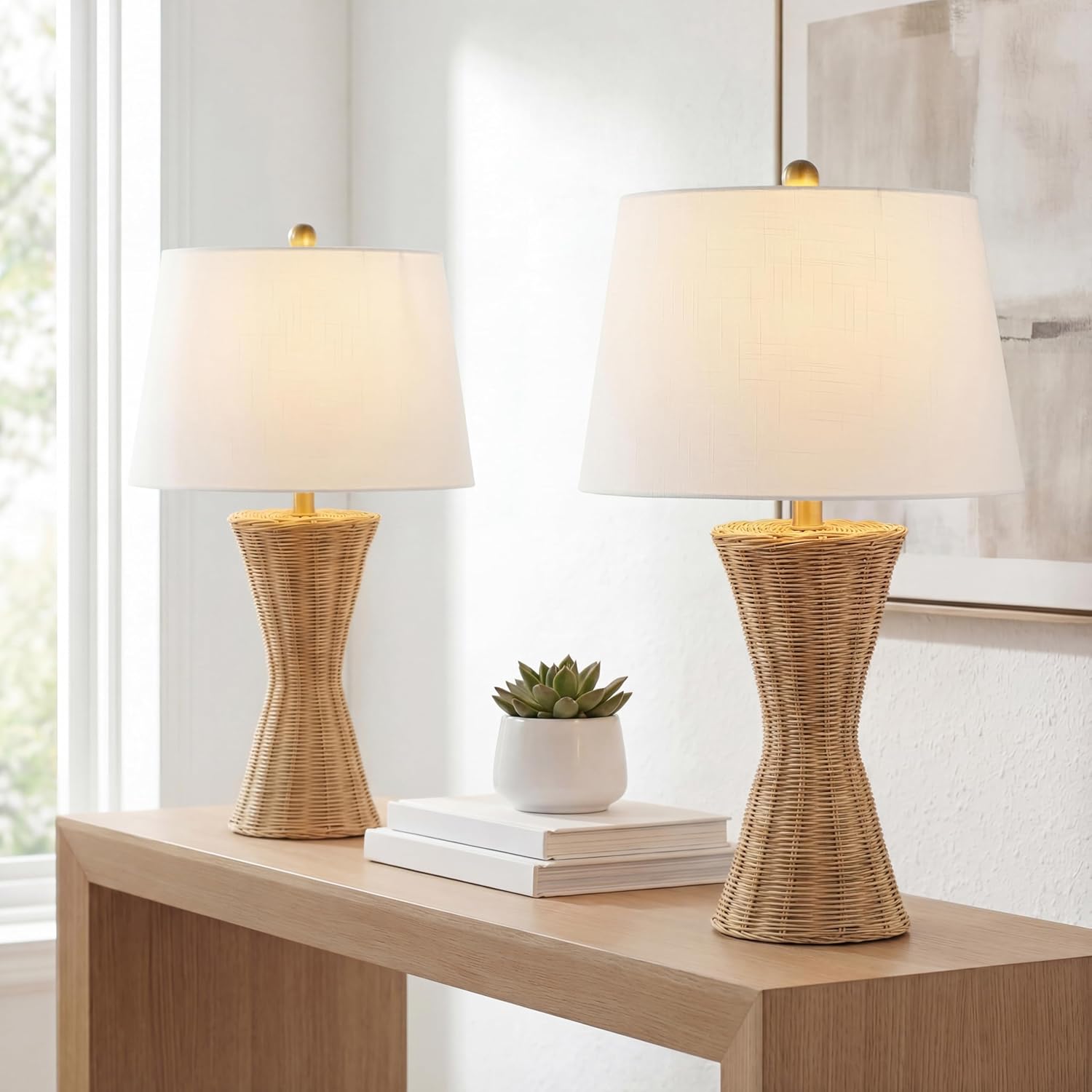 JONATHAN Y 27" Natural Woven Rattan Table Lamp Set of 2 for Bedroom, Coastal Bohemian Iron Wicker Nightstand Lamps for Living Room, White Linen Shade, LED Bulbs Included JYL4048A-SET2