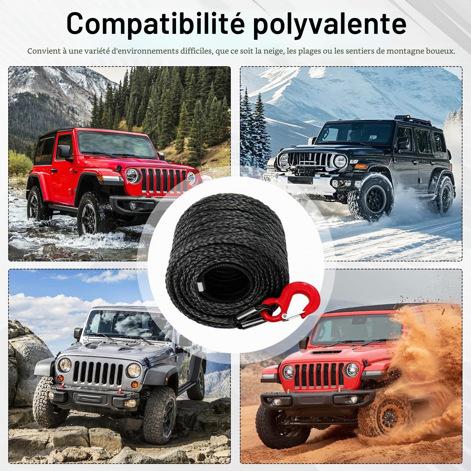Corde de Remorquage pour Voiture, Corde de Treuil 15M Long 8MM Diamètre Cable Synthétique 12 Torons Câble en Plastique 13228 Livre Câble de Remorque avec Crochet Métallique pour SUV Camion UTV, Noir