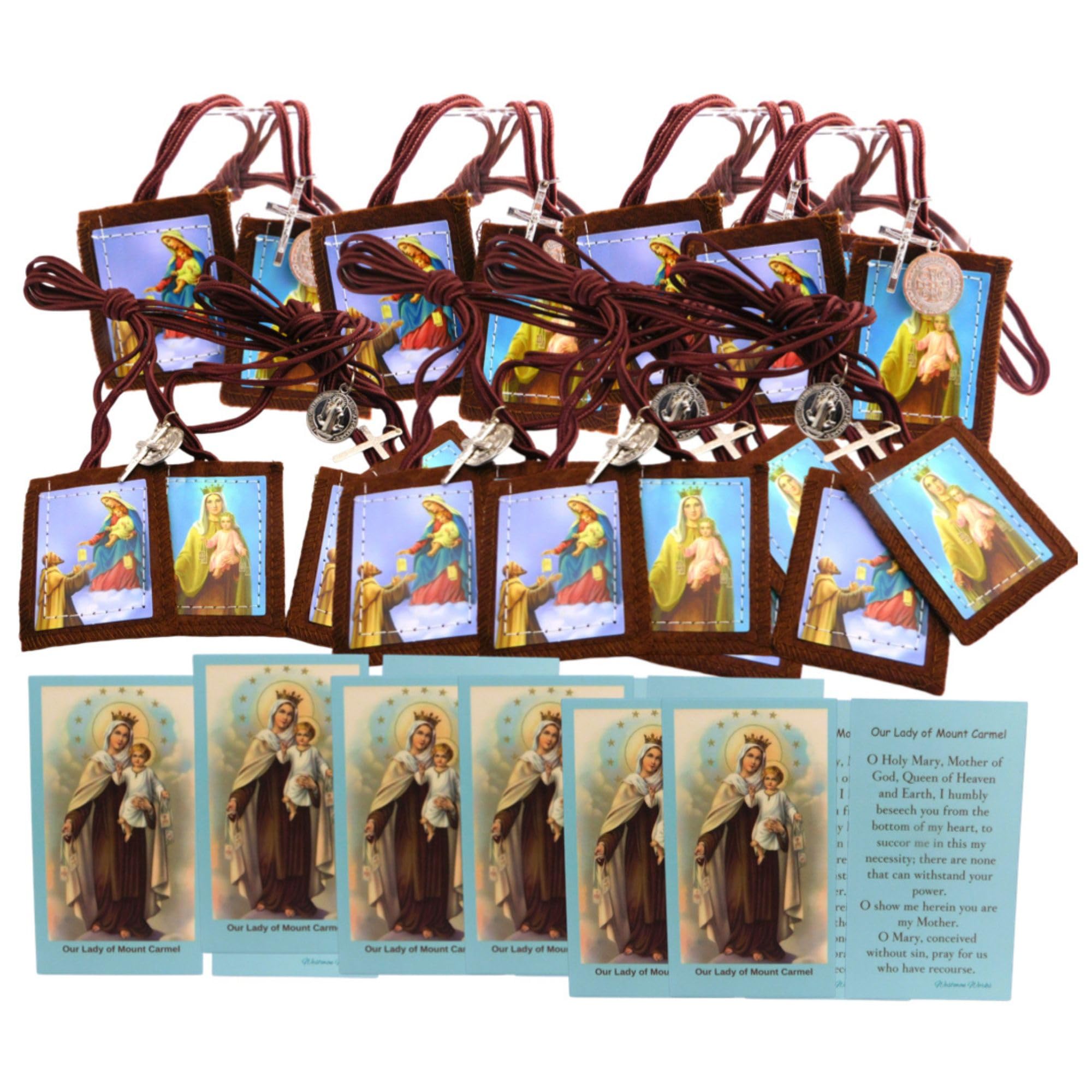 Westmon Works Traditional Scapular Set Our Lady of Mount Carmel St Simon Bulk Classroom Church Congregation Bundle with Holy Cards, 12 of Each