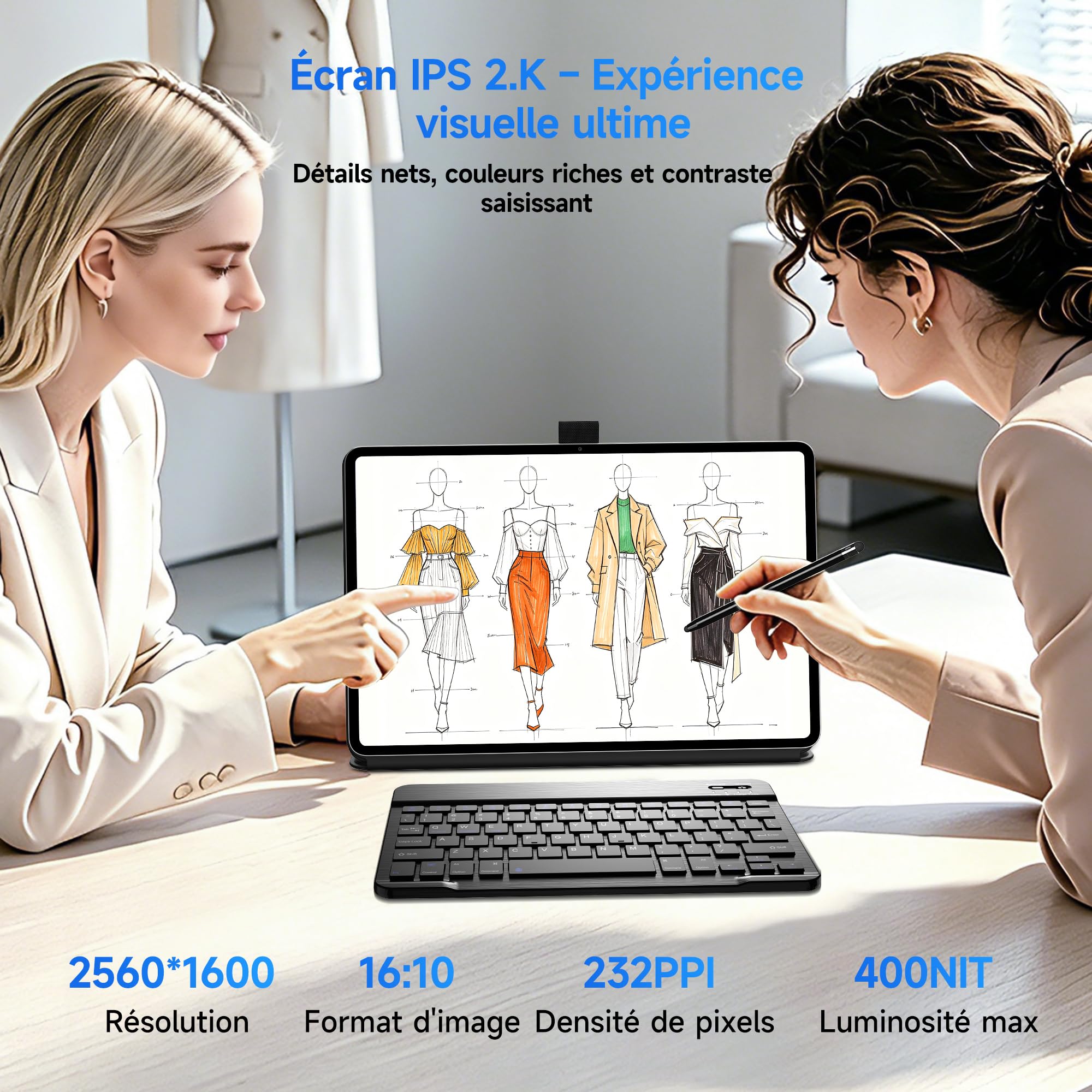 Tablette 13 pouces avec clavier,Tablette Android 16 compatible PC 2-en-1 | 2,5K Tablette tactile compatible SIM 4G LTE,Widevine L1, processeur octocœur, 16 Go + 128 Go stockage,10000 mAh.