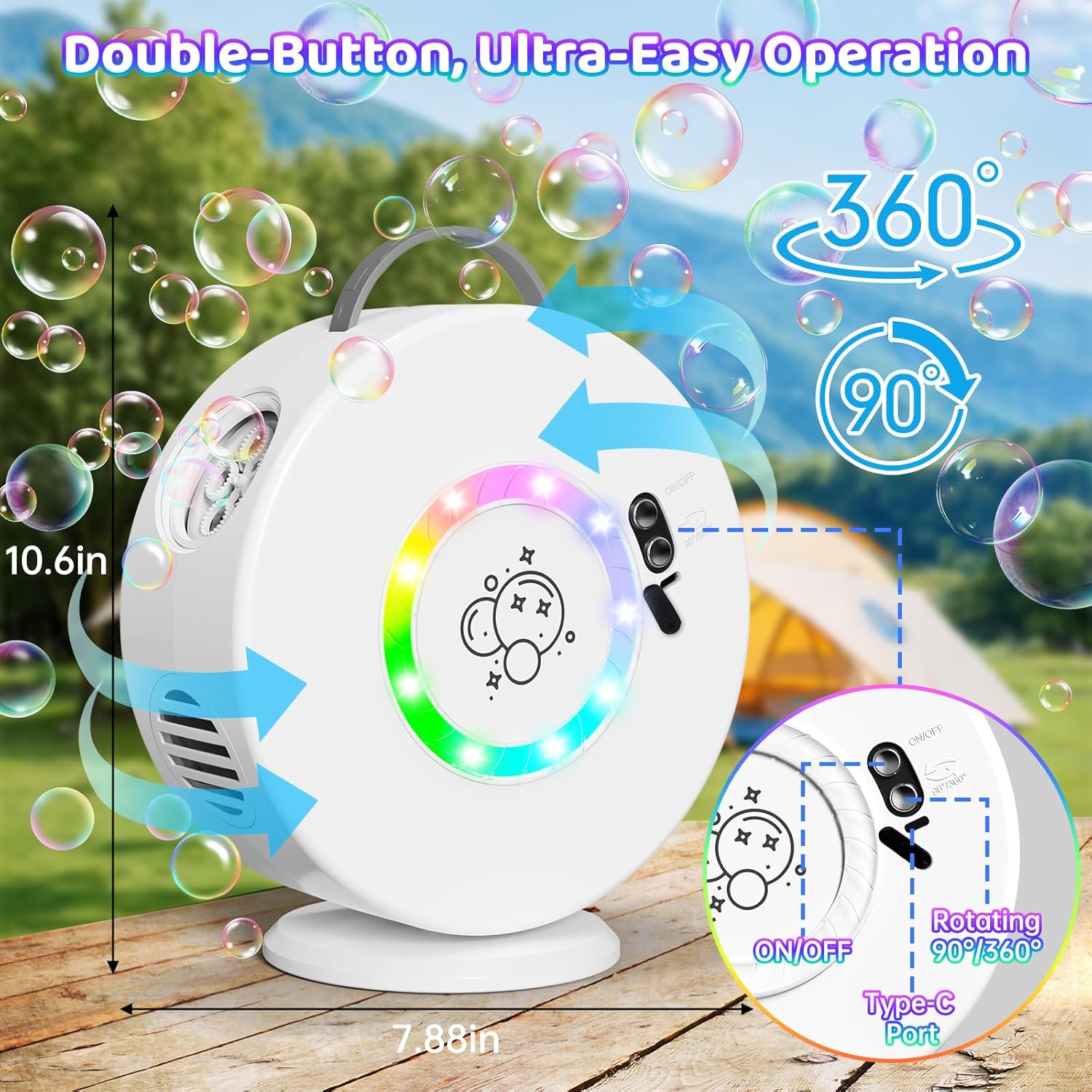 Bubble Machine for Kids Toddlers, 90° 360° Rotatable Automatic Bubble Maker with RGB Light, 4000+ Bubbles/Min Bubble Blower for 3 4 5 6 7 8 Year Old, Easter Christmas Birthday Outdoor Wedding Gifts