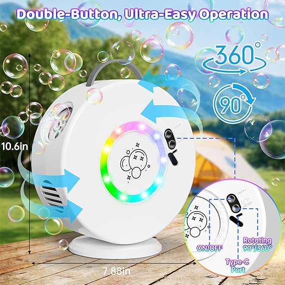 Bubble Machine for Kids Toddlers,Automatic Bubble Blower with LED Light Rechargeable, 90 360 Auto Rotatable Portable Bubble Maker Toy for 3 4 5 Year Old, Outdoor Wedding Party Easter Birthday Gifts