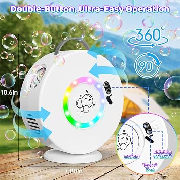 Bubble Machine for Kids Toddlers,Automatic Bubble Blower with LED Light Rechargeable, 90 360 Auto Rotatable Portable Bubble Maker Toy for 3 4 5 Year Old, Outdoor Wedding Party Easter Birthday Gifts