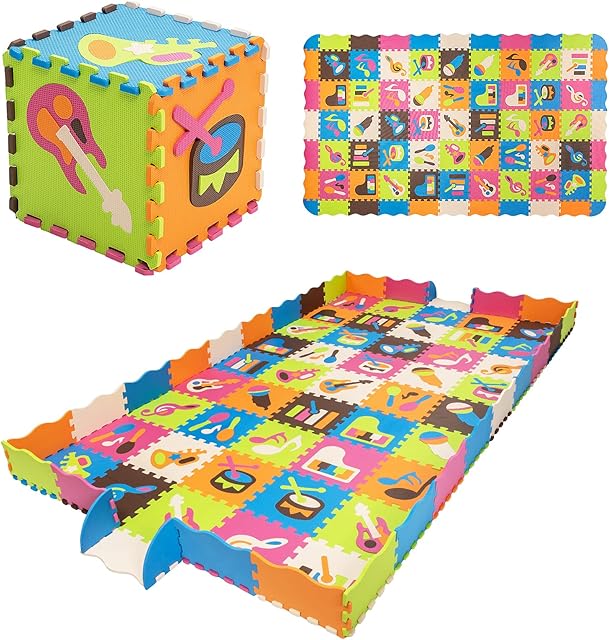 COSTWAY Baby Play Mat, Soft Foam Interlocking Tiles Jigsaw Mats with Borders, Detachable Instruments and Numbers, Floor Cushion Puzzle Playmat for Infants Toddler (125pcs)