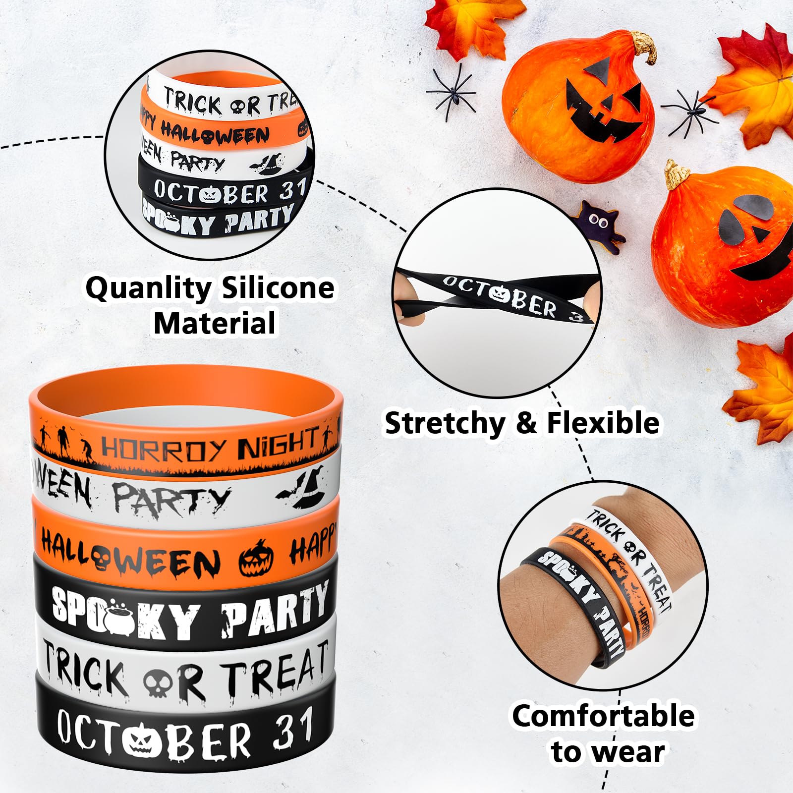 Morcheiong 36 Pieces Halloween Rubber Bracelets 6 Classic Design Silicone Wristbands for Halloween Scary Party Supplies - Image 3