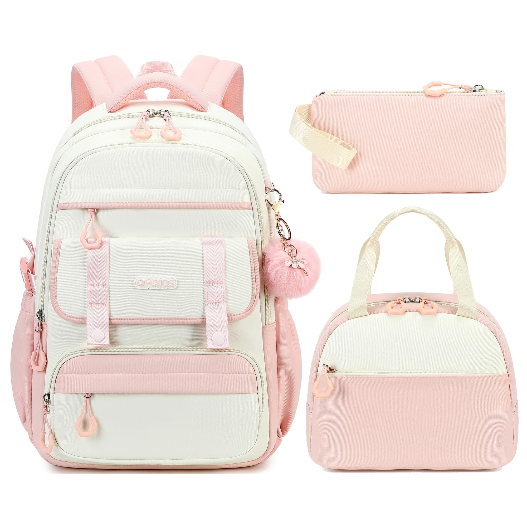 Zaino scolastico per ragazze, 3 pezzi, zaino per computer portatile da 15,6 pollici con portapranzo e astuccio per matite, set per libri scolastici per bambini, Rosa e beige., Carino