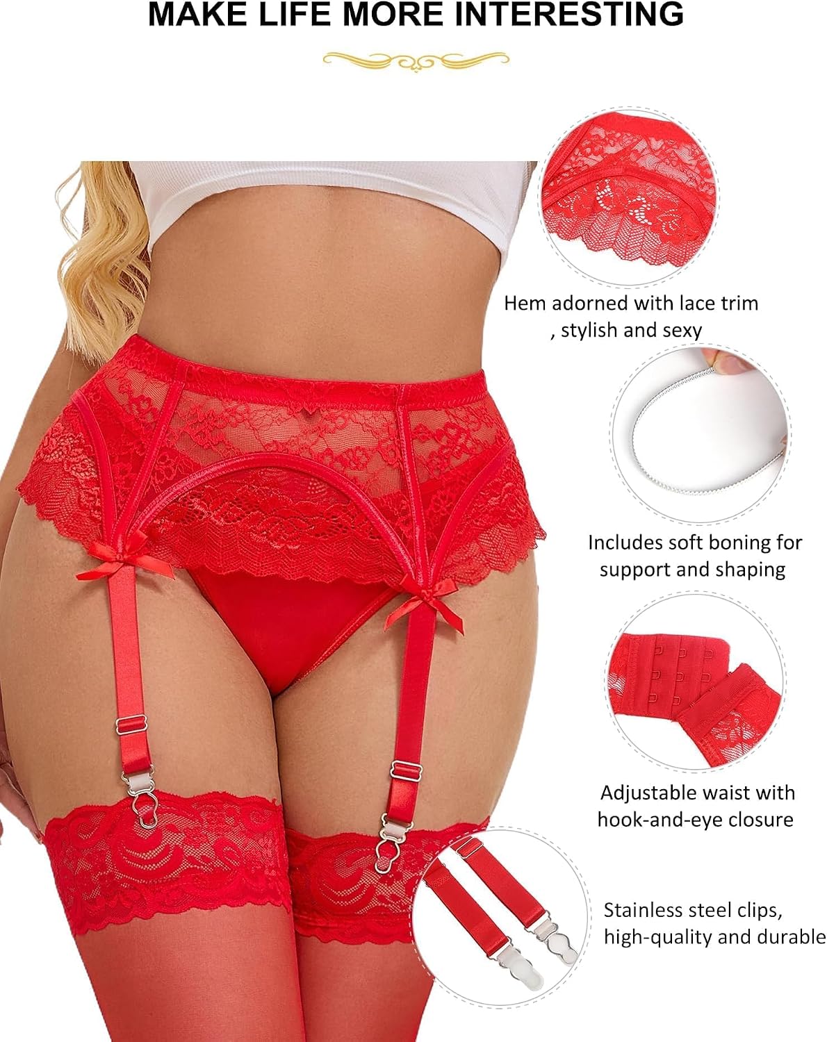 ohyeah Women Floral Lace Garter Belt for Thigh Highs Stockings Suspender with 4-Strap Metal Clips Garters Lingerie (No Socks)