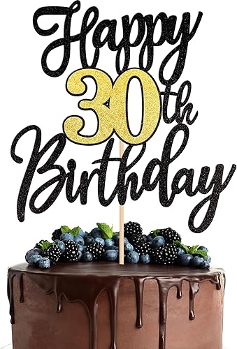 1 pieza de decoración para pastel de 30 cumpleaños, color negro y dorado con purpurina para 30 años, selección de pastel de 30 años, decoración
