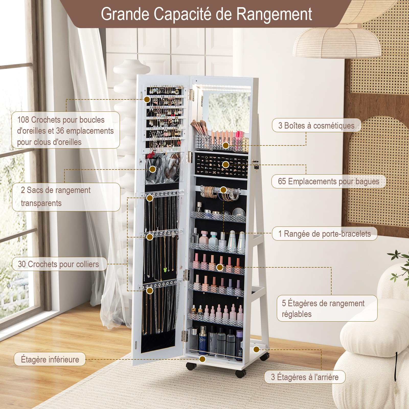 GOPLUS Armoire à Bijoux avec Miroir, Organisateur de Bijoux avec Lumières LED 3 Couleurs, Serrure, Miroir de Courtoisie Intégré, Anti-Basculement, 4 en 1 Armoire à Bijoux sur Pied avec Roues (Blanc)