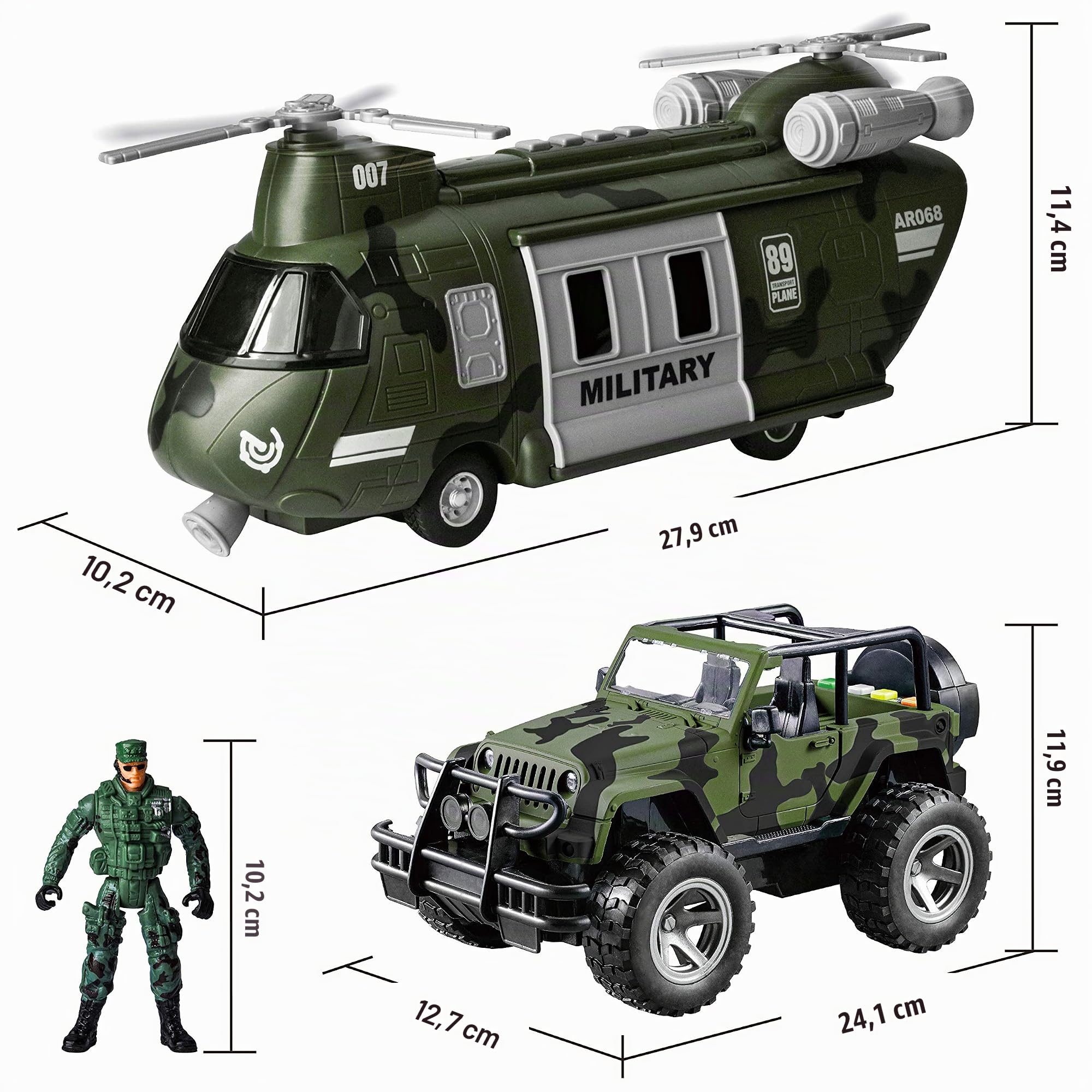 JOYIN Veicoli Militari Giocattolo Set di Elicottero da Trasporto Alimentato a Frizione e Camion Militare con Luce e Suono Sirena e Soldati Uomini dell'Esercito Action Figures per Bambini