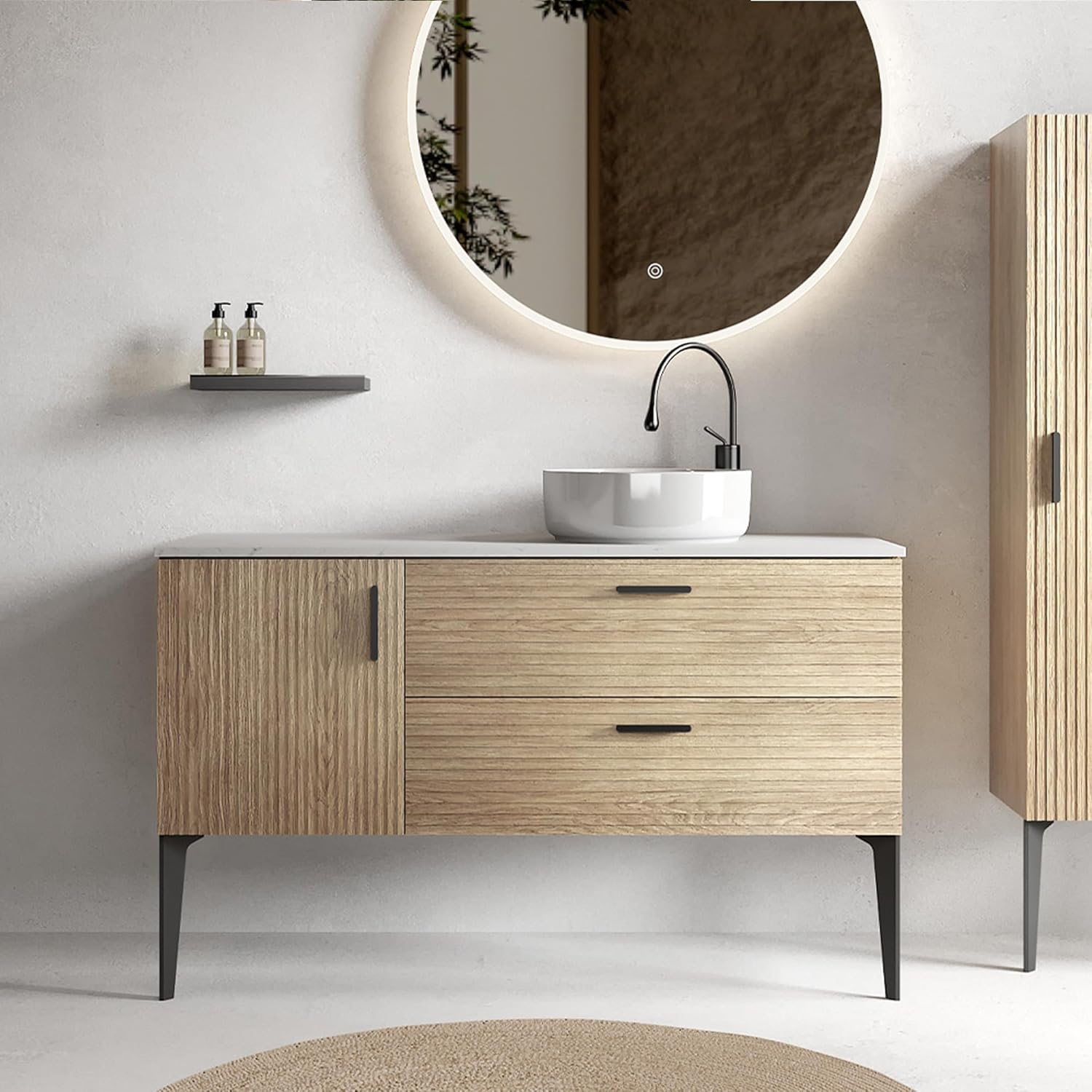 Emilia 48 Inch Bathroom Vanity with Sink Natural Oak Freestanding & Wall Mount Vanity Cabinet, E1 Eco-Friendly Ceramic Sink for Modern Bathrooms, DTC Soft Close Drawers & U Cutout Storage