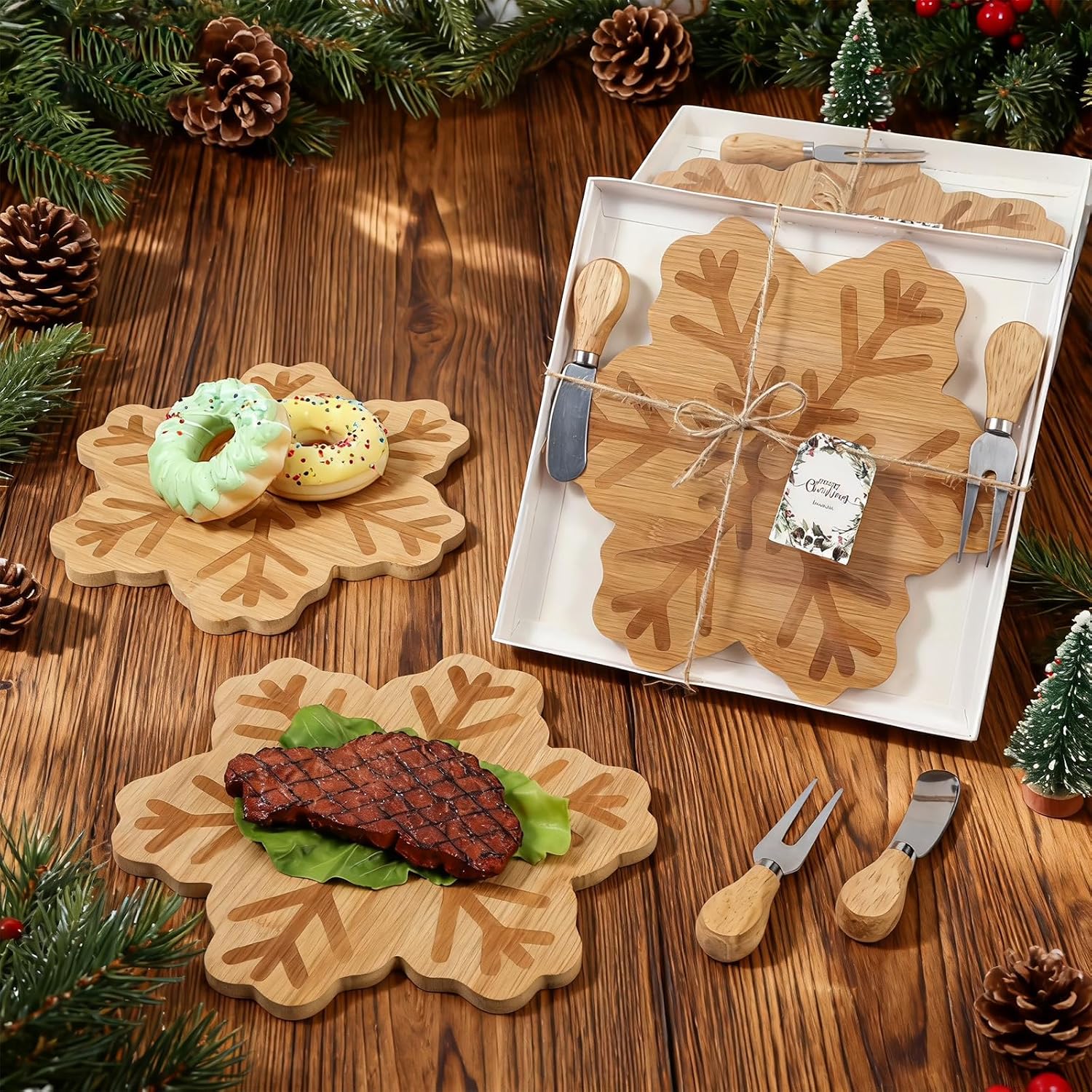 Roshtia 12 Set Christmas Charcuterie Board Gift Bulk Christmas Cutting Boards with Cheese Knives Forks Bamboo Cutting Board for Kitchen Xmas Party Bridal Shower Favor Supplies(Snowflakes)