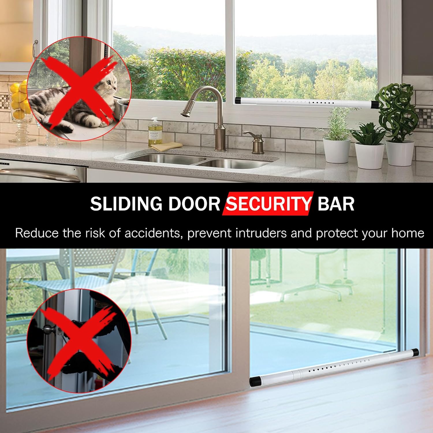 sliding door security bar - 17.1-40 inches adjustable for glass patio doors - white lock with rubber tips, 1.25 inch diameter for windows and home