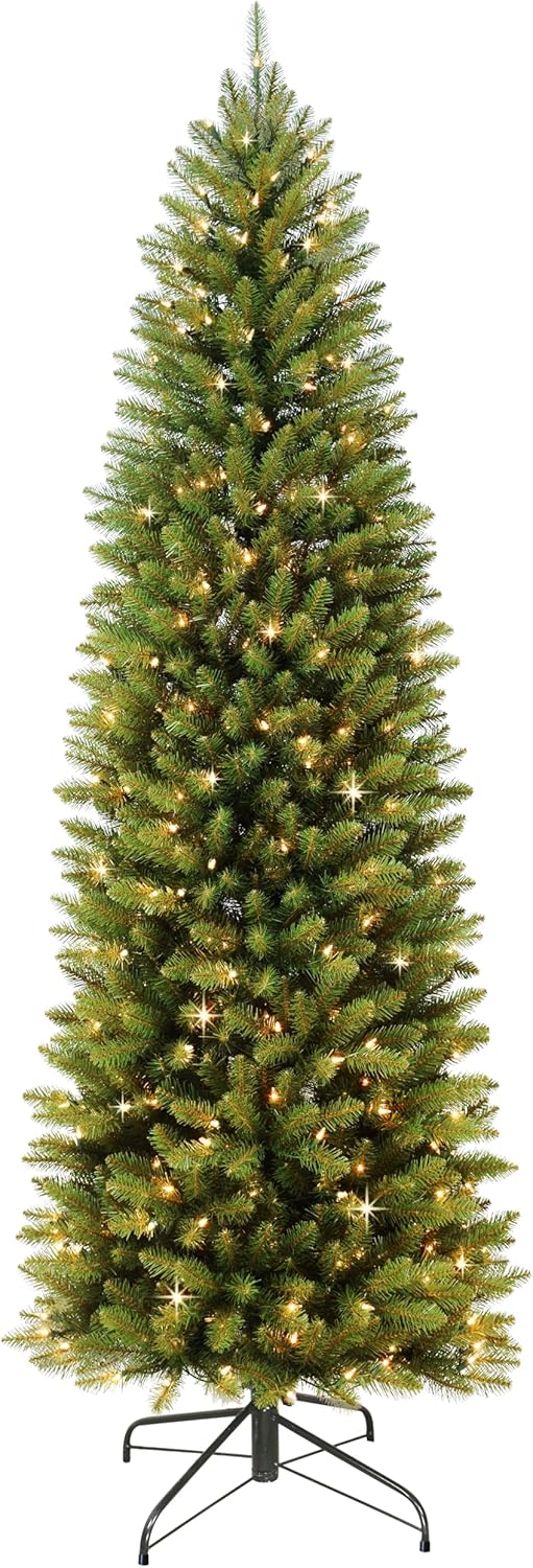 Puleo International 6.5ft Pre-Lit Slim Fraser Fir Christmas Tree with 250 Clear Lights, 826 Realistic Dense Branch Tips, Easy Setup Artificial Trees with Sturdy Metal Stand 6.5' Pencil Fraser Fir with 250 Clear Lights