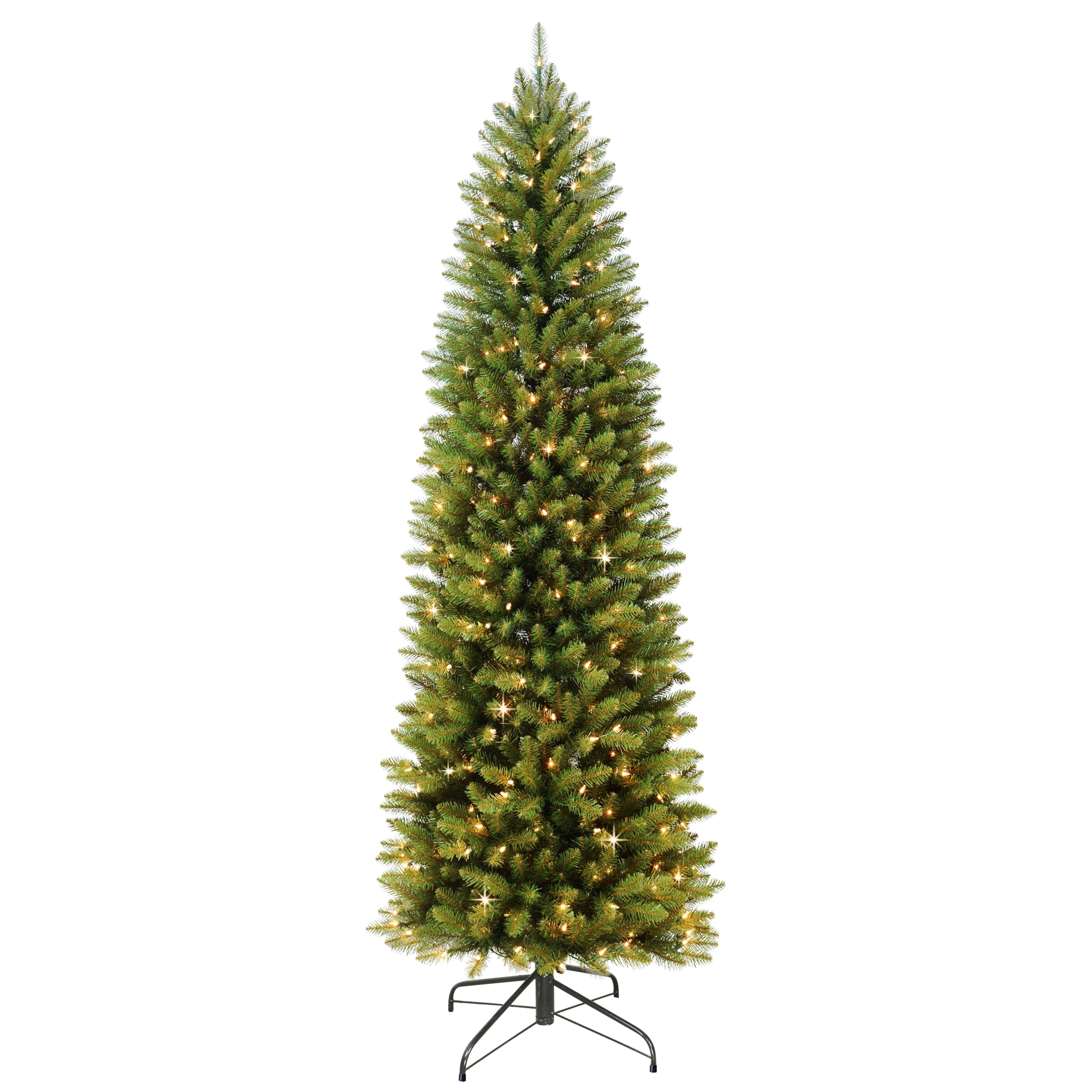 Puleo International 7.5ft Pre-Lit Slim Fraser Fir Christmas Tree with 350 Clear Lights, 1188 Realistic Dense Branch Tips, Easy Setup Artificial Trees with Sturdy Metal Stand