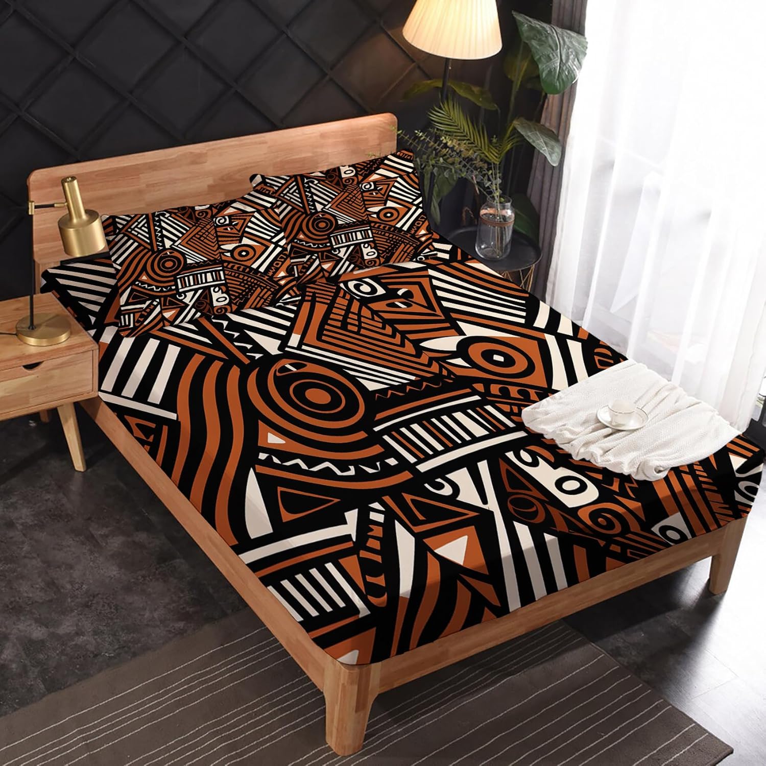 African Sheets Queen Sheet Set - Afro Bed Sheets, Soft Microfiber & Deep Pocket & Wrinkle Free Patterned Bedding Sheets & Pillowcases, 4 Piece (1 Fitted Sheet, 1 Flat Sheet, 2 Pillow Cases)