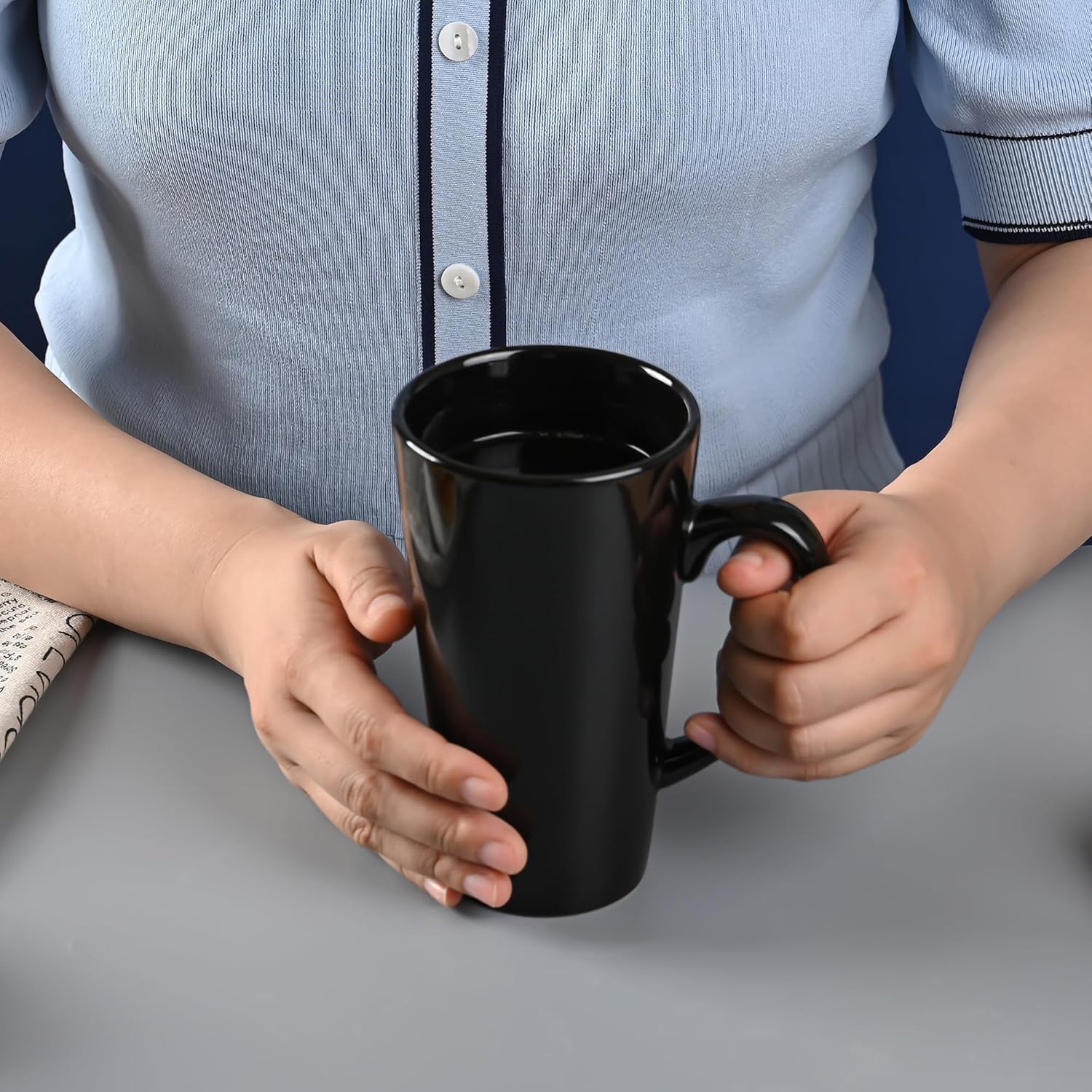 BYCNZB 16oz black Funnel Ceramic Tall Coffee Mugs for Coffee, Tea, Cocoa, Latte, Milk set of 4(Black)