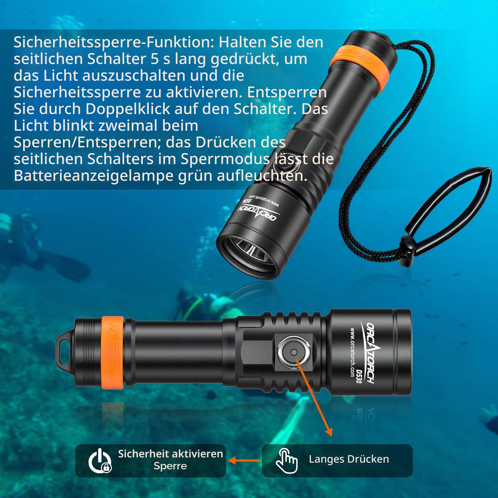 ORCATORCH D530 Tauchlampe 1500 Lumen, 7° Schmaler Punktstrahl, LED Unterwasser Taschenlampe mit Ladestandsanzeige für Nacht-, Höhlen- & Wracktauchen, 150m Wasserdicht Profi Tauchausrüstung